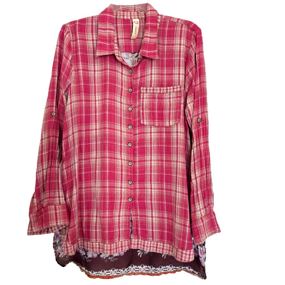 Cyrena Mixed Media Plaid & Floral Button-Down Tunic, Size Large